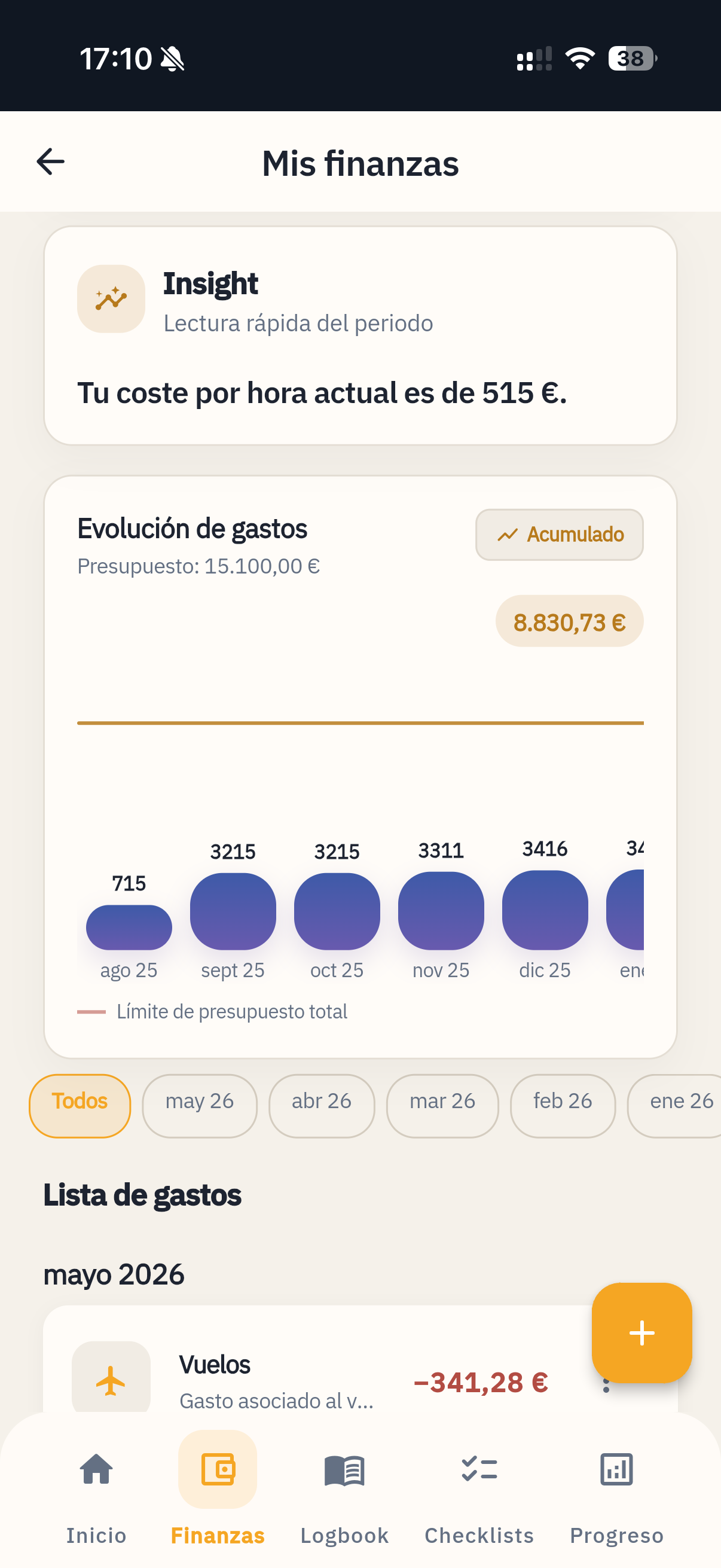 Vista de gastos en Pilot Life Manager