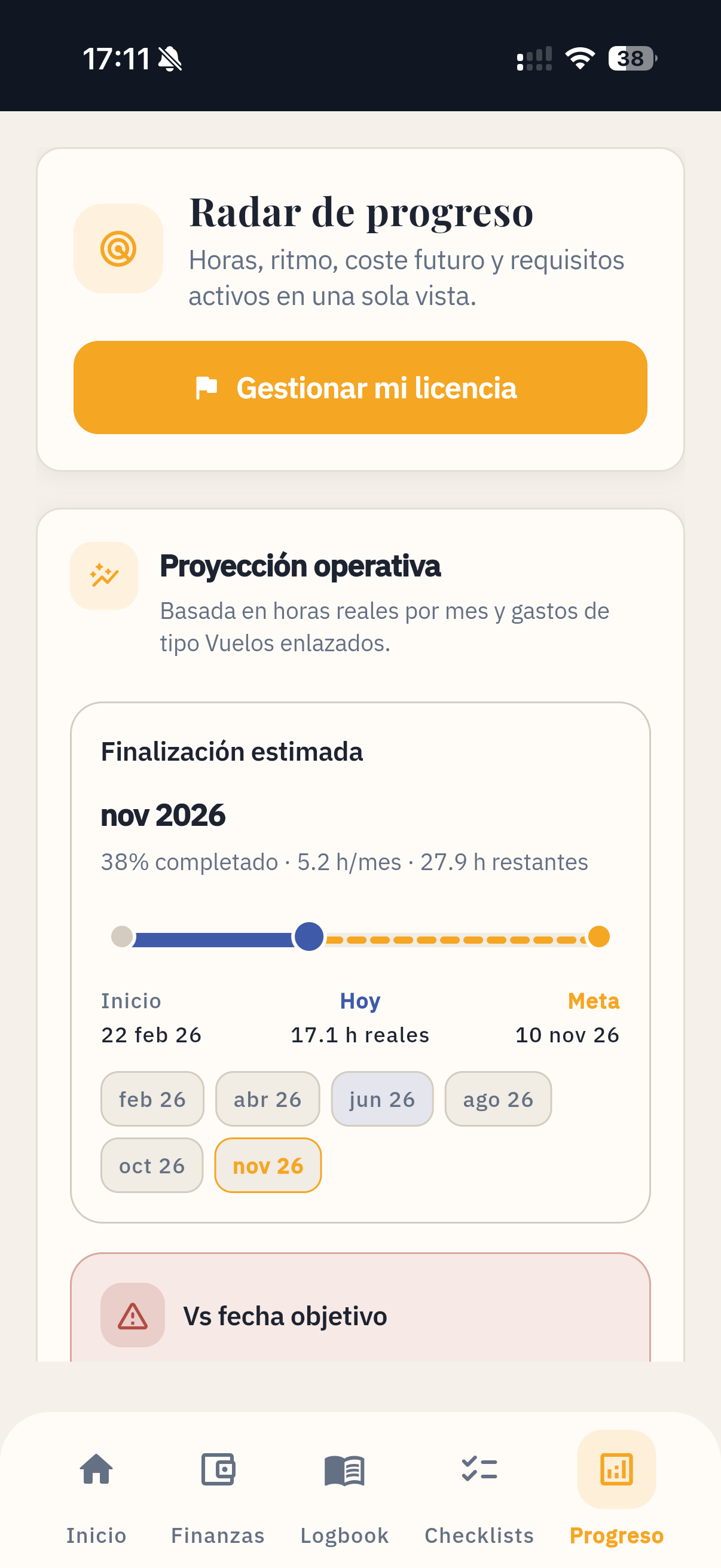 Vista de progreso en Pilot Life Manager